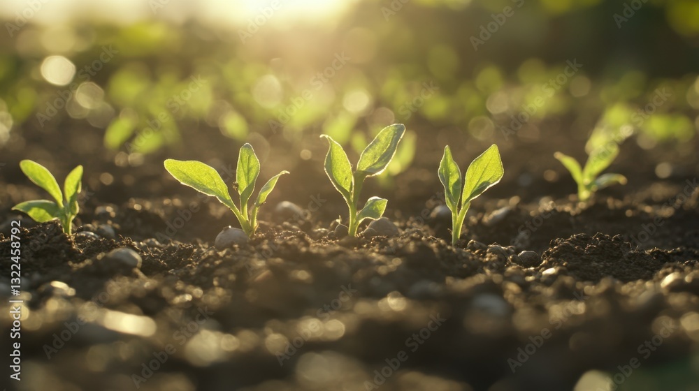 Fototapeta premium Young Green Shoots in Soil with Sunlight and Bokeh Background