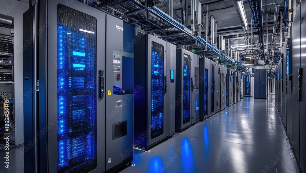 Modern server room with rows of dark gray server cabinets illuminated by blue lights. Network infrastructure in a data center Modern server room with rows of dark gray server cabinets illuminated by blue lights. Network infrastructure in a data center