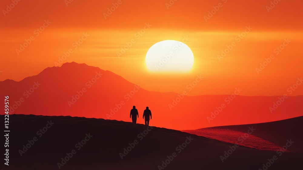 Silhouetted Figures Walking into Dramatic Orange Sunset on a Desert Landscape Silhouetted Figures Walking into Dramatic Orange Sunset on a Desert Landscape