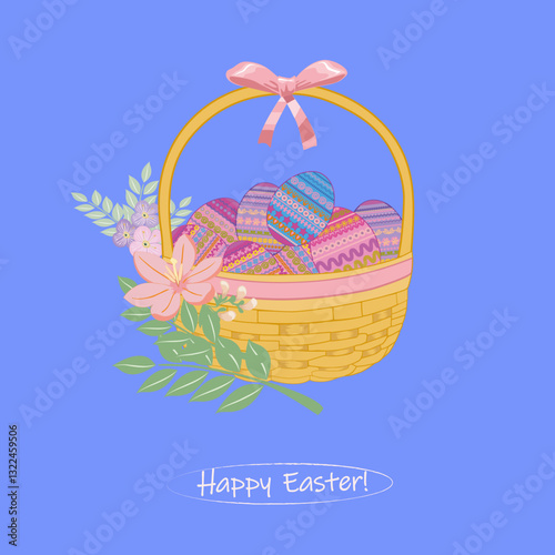 Happy Easter greetings with a basket of eggs and flowers.eps
