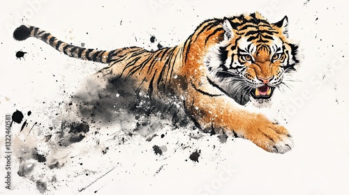 Sumi-e Painting of a Tiger Leaping Forward