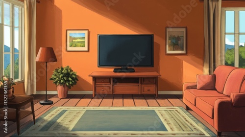 Living room interior with TV screen in front of couch. home interior