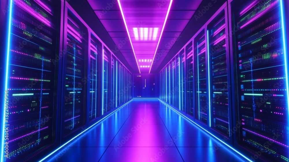 Futuristic server room featuring neon lighting and advanced cloud data storage solutions Futuristic server room featuring neon lighting and advanced cloud data storage solutions