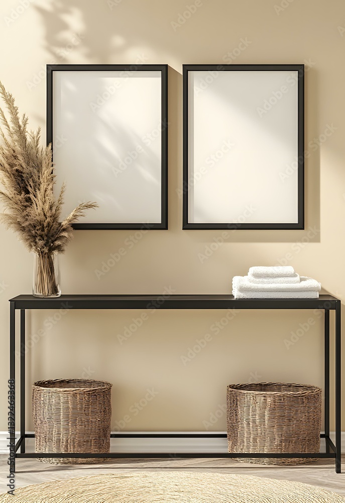 Naklejka premium Minimalist Interior Design Featuring Blank Frames and Neutral Decor