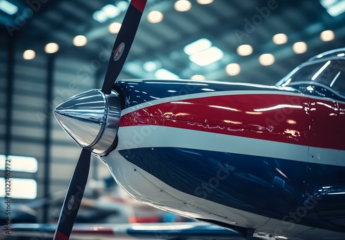 Red White and Blue Propeller Airplane Close Up in Hangar