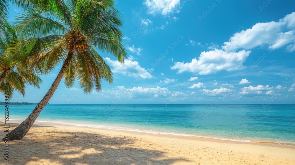 Obraz premium palm-fringed tropical beach under clear blue skies, perfect for text, capturing vacation vibes