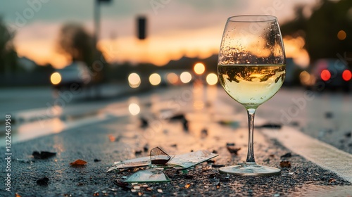 Shattered Glass and Wine Glass on Wet Road at Sunset