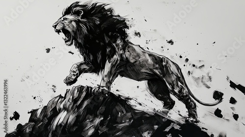 Bold Ink Painting of a Lion Roaring from a Rocky Perch