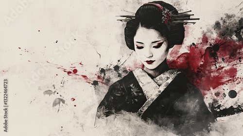 Japanese Geisha in Traditional Attire Ink Wash Painting