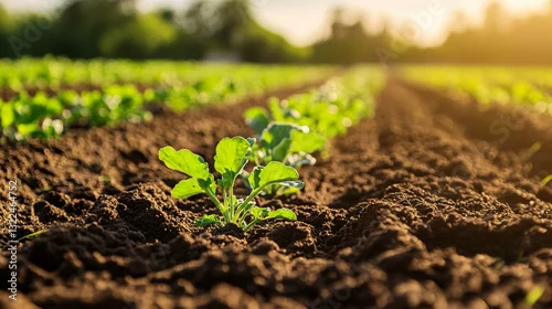 Fototapeta Rows of young leafy green plants growing in freshly turned soil