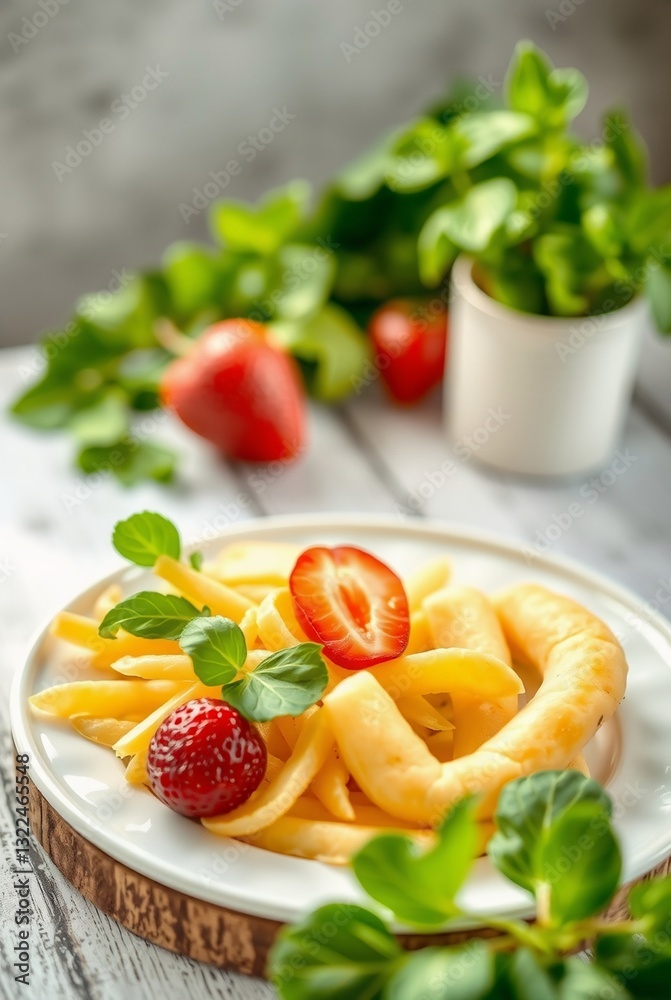 Fresh Fruit Plate with Strawberries and Yellow Pasta on Rustic Wood Table Fresh Fruit Plate with Strawberries and Yellow Pasta on Rustic Wood Table