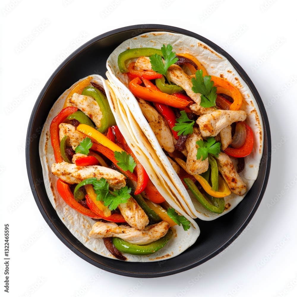 Sizzling chicken fajitas with bell peppers, vibrant colors, realistic detail, isolated on white background Sizzling chicken fajitas with bell peppers, vibrant colors, realistic detail, isolated on white background