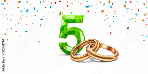 A green faceted number 5 with intertwined golden wedding rings in the foreground, surrounded by colorful confetti, on white background, symbolizing the celebration of the fifth wedding anniversary.