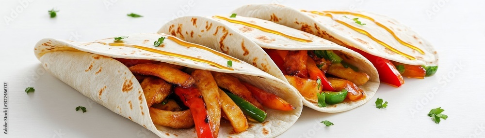 Fajitas with a drizzle of honey glaze, sweet and savory twist, ultra-realistic, isolated on white background Fajitas with a drizzle of honey glaze, sweet and savory twist, ultra-realistic, isolated on white background