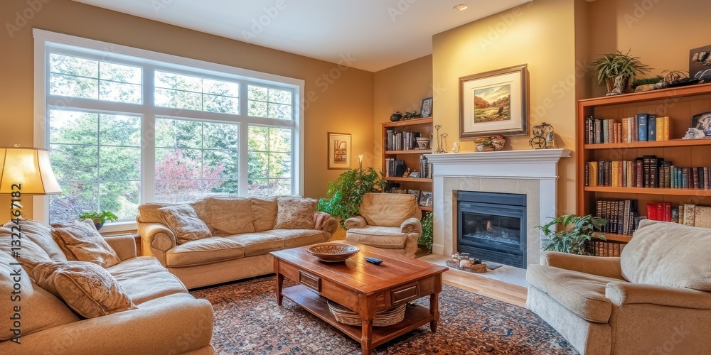 Fototapeta premium A comfortable living room with a fireplace and natural light