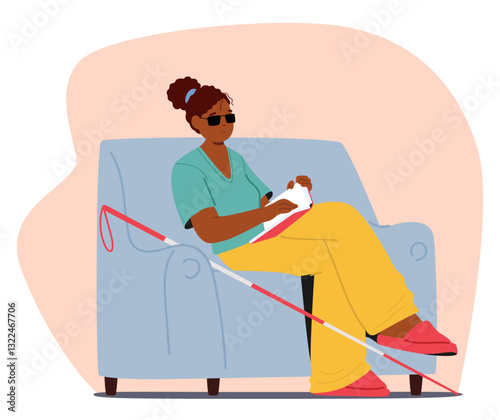 Blind woman rests with book reading using Braille special font enjoying leisure activity at home