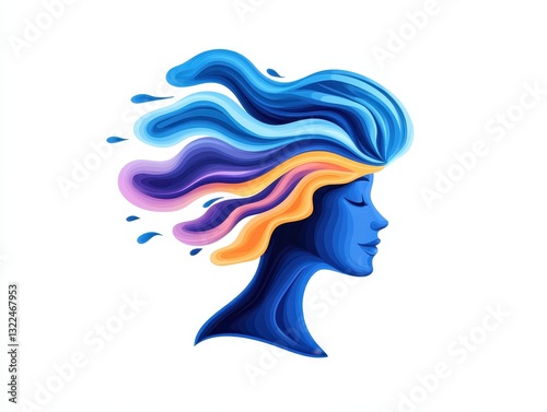 Abstract representation of a serene woman with flowing colorful hair, symbolizing creativity and freedom