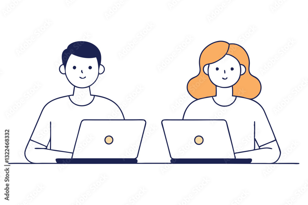 Creative Line Art of Two People Using Laptops Creative Line Art of Two People Using Laptops