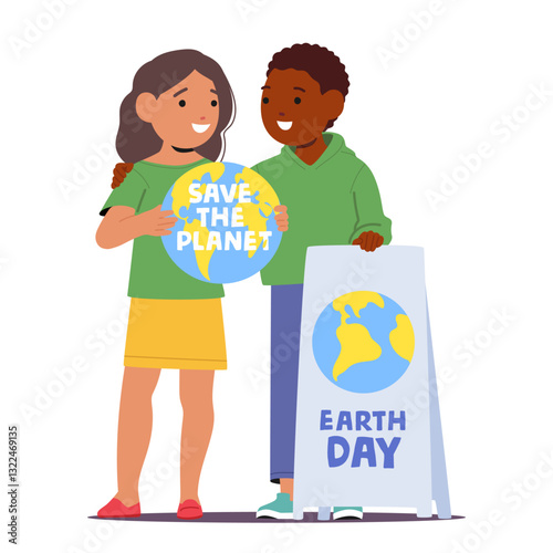 Happy kind boy and girl children multiracial characters participating in eco activists campaign
