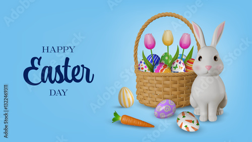 easter banner with colorful eggs and tulips in a wicker basket, carrot and 3d white rabbit