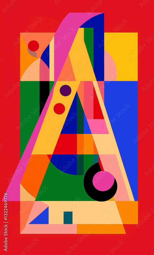 Alphabet letter A with colorful shapes on red background