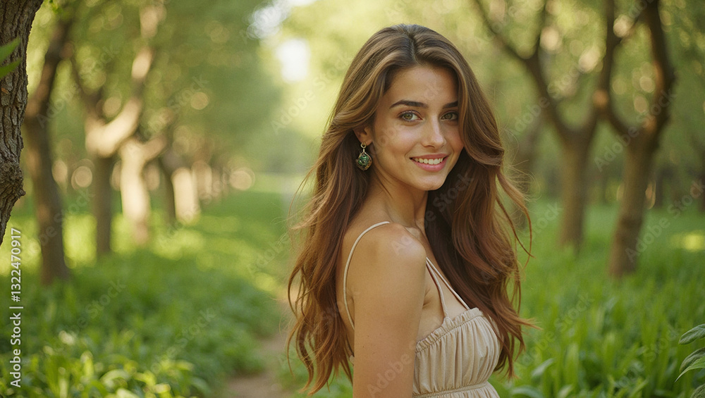2025 summer idea trend concept: Young woman smiling in a field of trees 2025 summer idea trend concept: Young woman smiling in a field of trees
