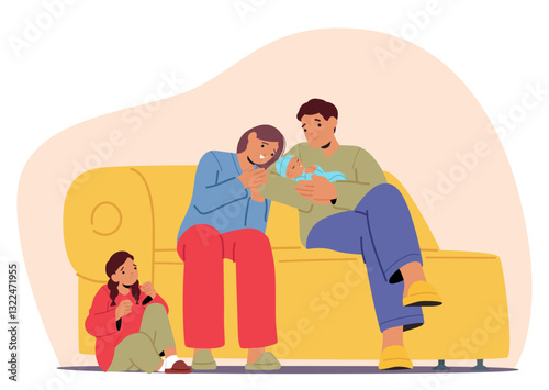 Happy mom and dad holding newborn baby, upset little girl first child feeling lack of attention