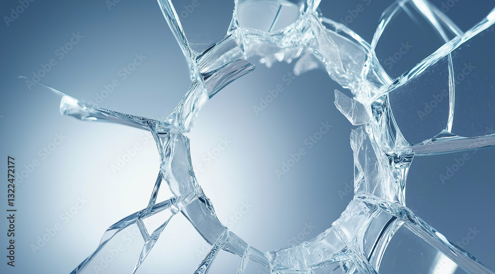 Close-up of a shattered bullet hole in glass, isolated against a white background. High-resolution stock photo capturing intricate cracks and impact details, perfect for security, and destruction