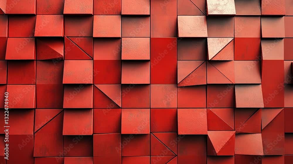 Abstract Red Geometric Pattern: Cubes and Triangles 3D Render