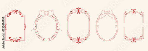 A set of hand-drawn frames with bow ribbons. Vintage whimsical borders. Vector illustration.