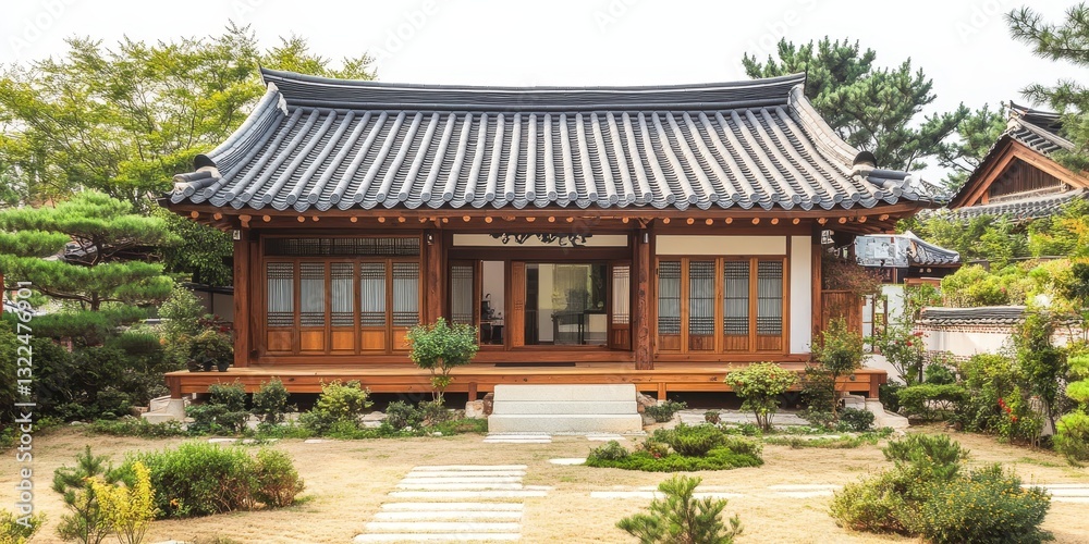 Traditional wooden asian house with tiled roof and garden surrounding Traditional wooden asian house with tiled roof and garden surrounding
