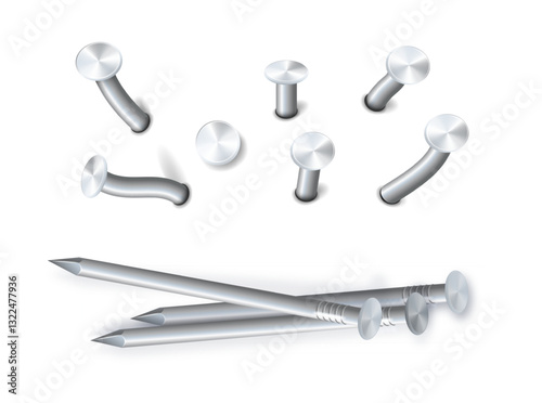 Nails hammered into wall steel straight and bent metal hardware spikes. Hobnails with grey caps top view isolated on transparent background. Vector