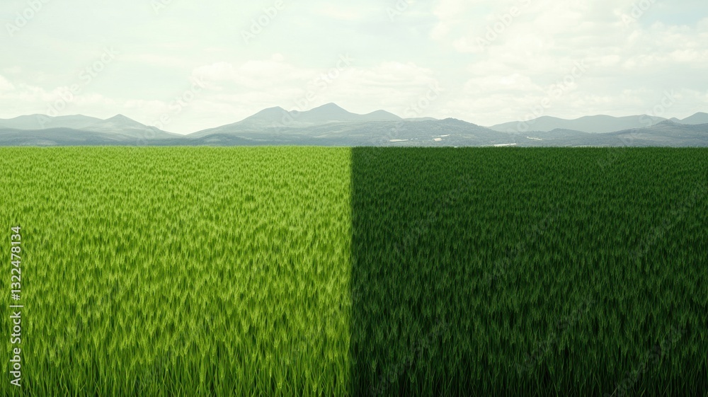 Sustainable agriculture concept. Vast green landscape with mountains in the background and a shadowed area. Sustainable agriculture concept. Vast green landscape with mountains in the background and a shadowed area.