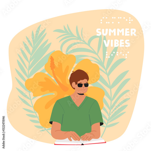 Positive blind man cartoon character wearing eyeglasses reading book using Braille summer vibes