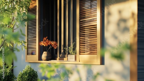 A sunlit window shows plants flowers and shuttered wood panes
