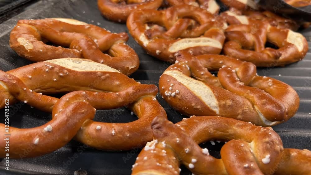 Freshly baked preztel bread on baker's shelf, tracking shot on bretzel