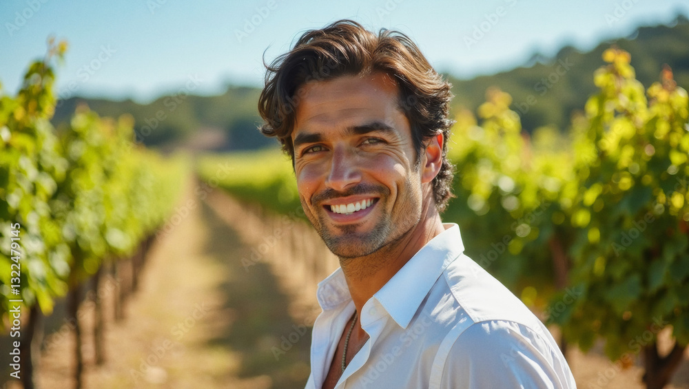 2025 summer idea trend concept: A smiling man standing in a vineyard, wearing a white shirt. 2025 summer idea trend concept: A smiling man standing in a vineyard, wearing a white shirt.