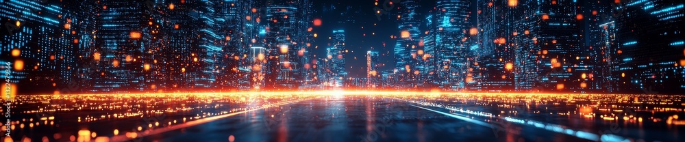 Naklejka premium A blend of Matrix and mixed media features a virtual city skyline rendered in binary code