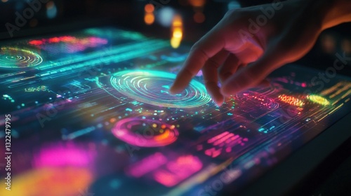 Businessman's finger interacting with a vibrant holographic interface, activating glowing circular elements while navigating complex data visualizations in a dark tech environment
