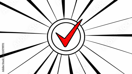 Red check mark against a sunburst background