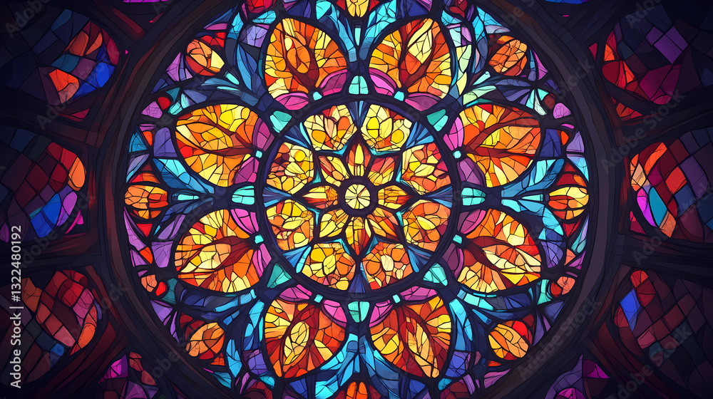 A vibrant stained glass design with intricate patterns and rich colors, resembling classic church or cathedral windows. Stained Light. Illustration A vibrant stained glass design with intricate patterns and rich colors, resembling classic church or cathedral windows. Stained Light. Illustration