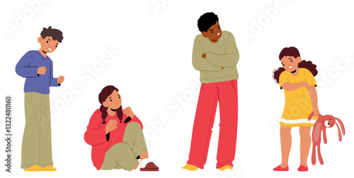 Angry offended children cartoon characters feeling loneliness and upset isolated set on white