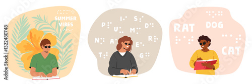 Adults and children cartoon characters reading book learning Braille special font isolated scene