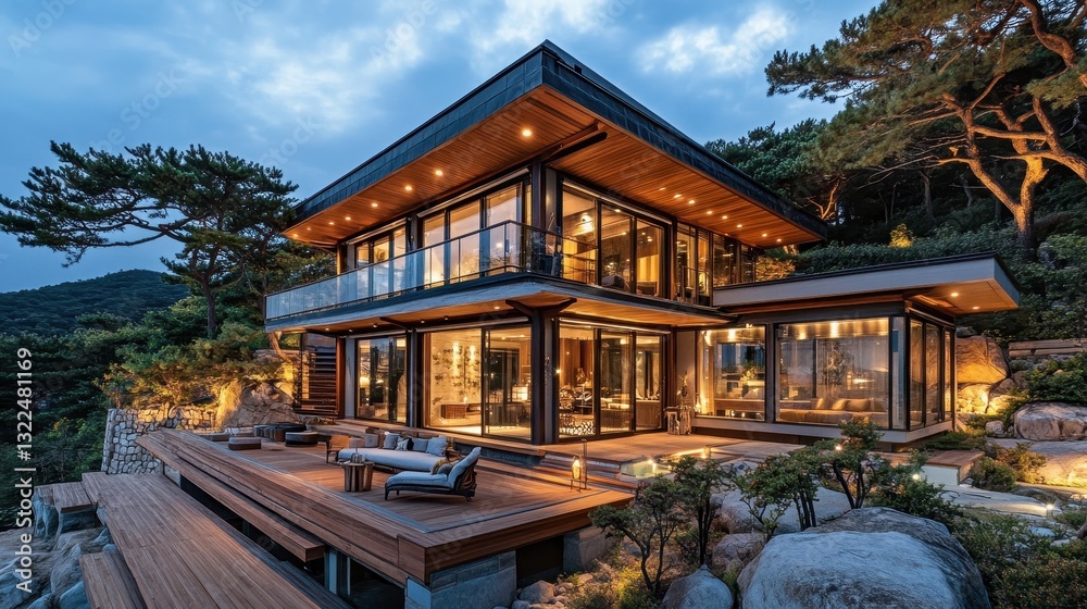 Fototapeta premium A modern luxury home overlooks a beautiful natural forested landscape