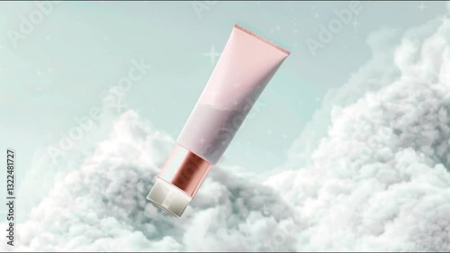 Mockup of a skincare bottle floating in the air with a cloudy background concept to create the effect of a product that is beneficial for use in facial skin health.