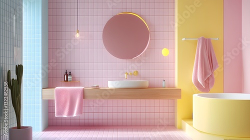 Scandinavian bathroom with pastel accents and light oak cabinetry photo