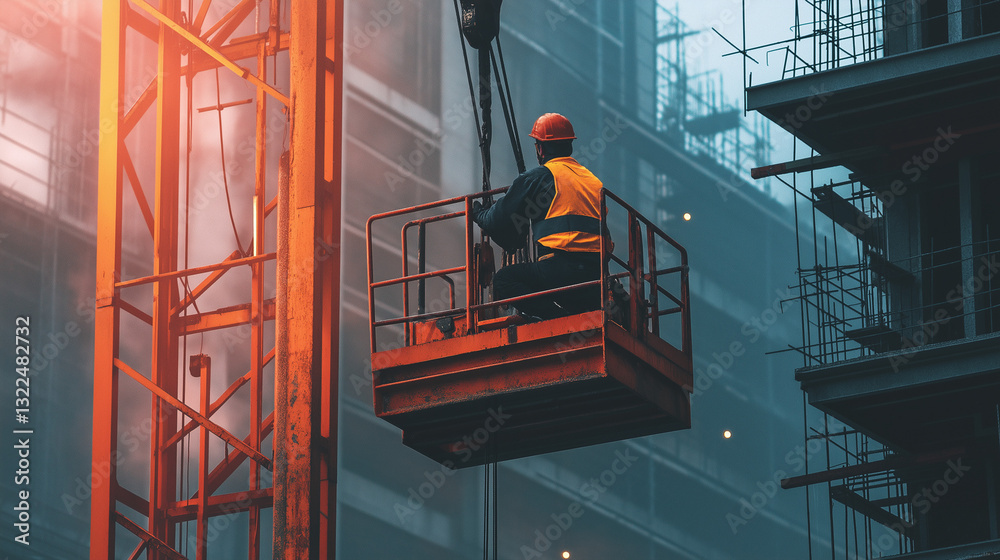 Construction site with worker on platform