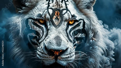 A white lion with black tribal patterns on its face, roaring at the camera, thick black smoke billowing, bright rich colours stunning and awe-inspiring