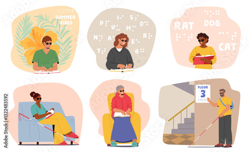 Blind people cartoon characters reading in Braille book or lettering with sensory perception set
