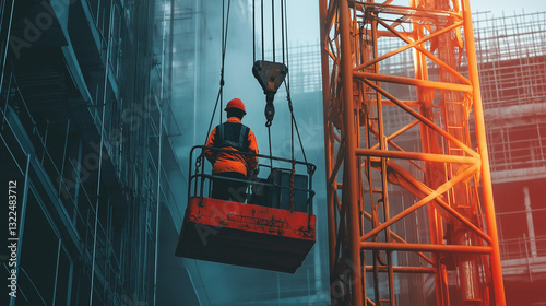 Construction worker suspended between a crane and a building facade